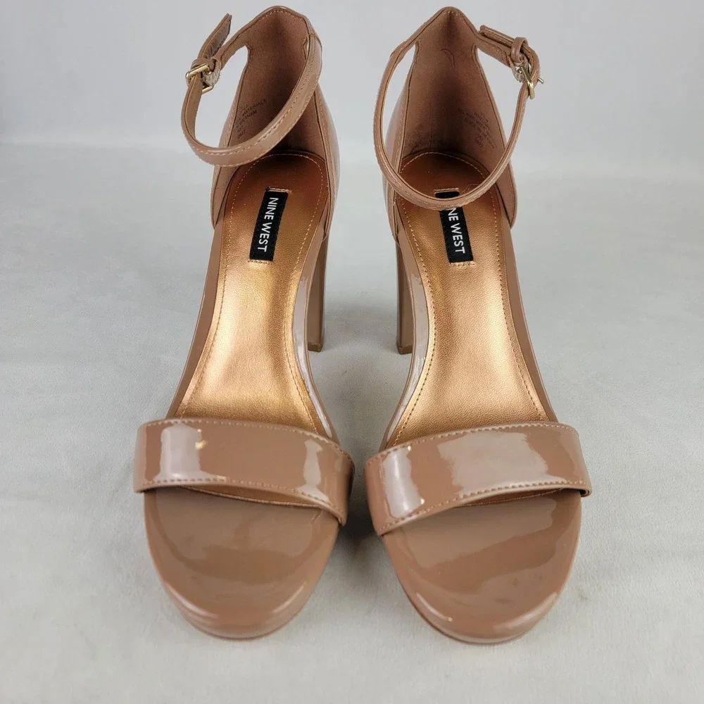 Nine West Women's Elope 3 Ankle Strap Block Heel Dress Sandals Beige 9.5M NEW